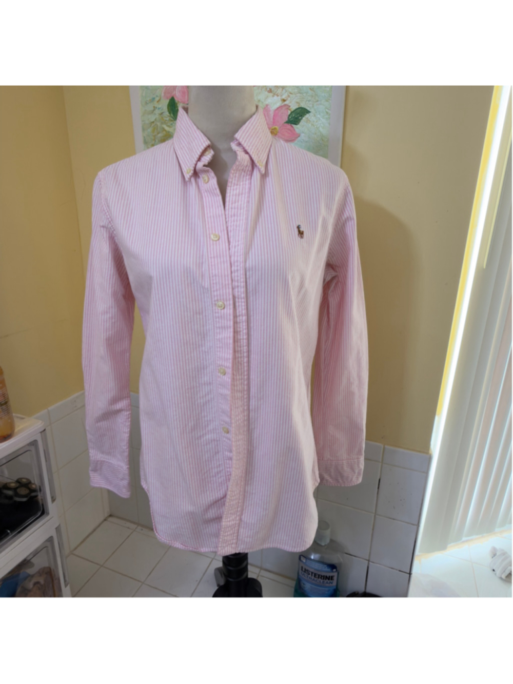 Women's Ralph Lauren Slim Fit Button Down Shirt, Size L, Pink and White runns M